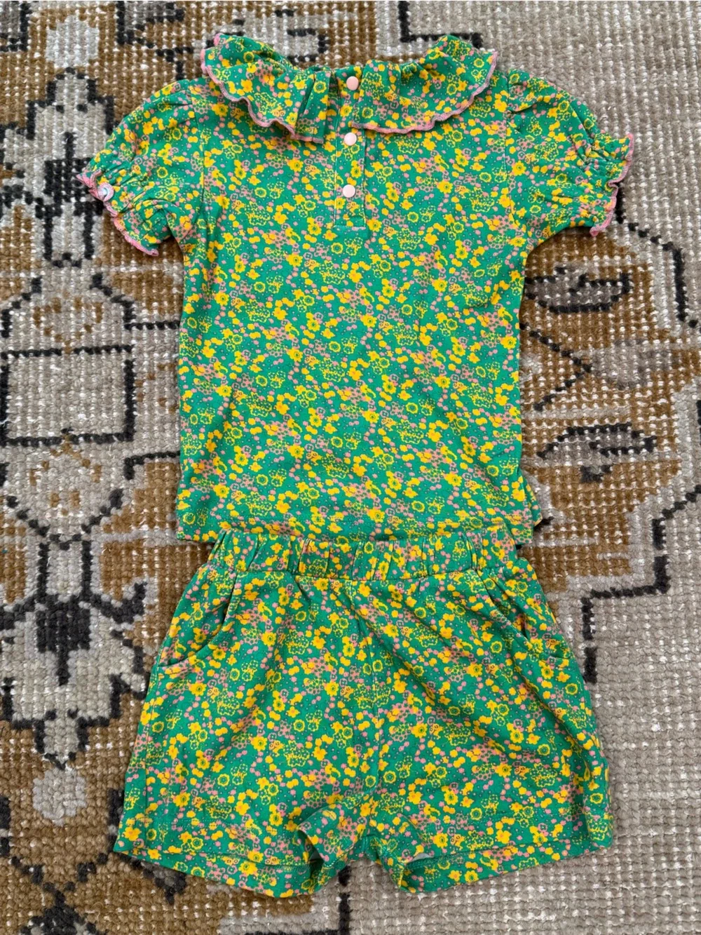 Misha And Puff Green Floral Peter Pan Collar Top and Shorts with Pink Trim